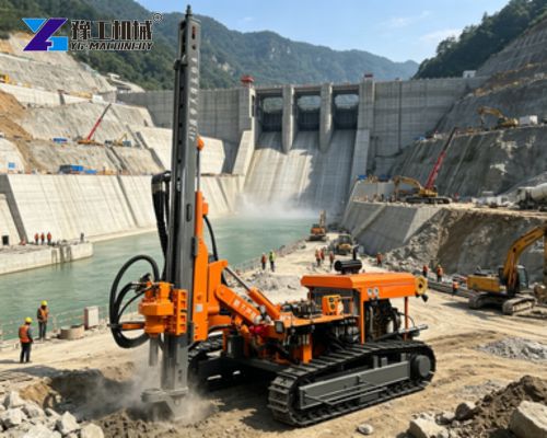 DTH drilling rig operating at hydropower dam construction site